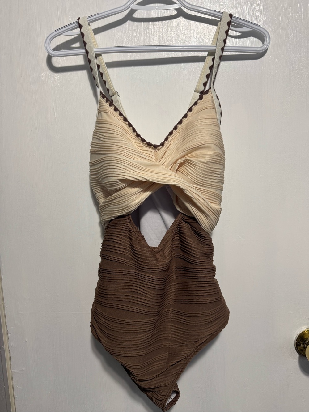 Two-Tone Cream and Brown One-Piece Swimsuit